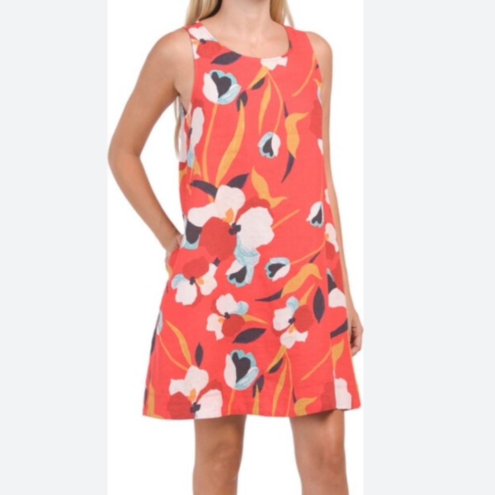 Sigrid Olsen Floral Linen Trapeze Dress Red Large